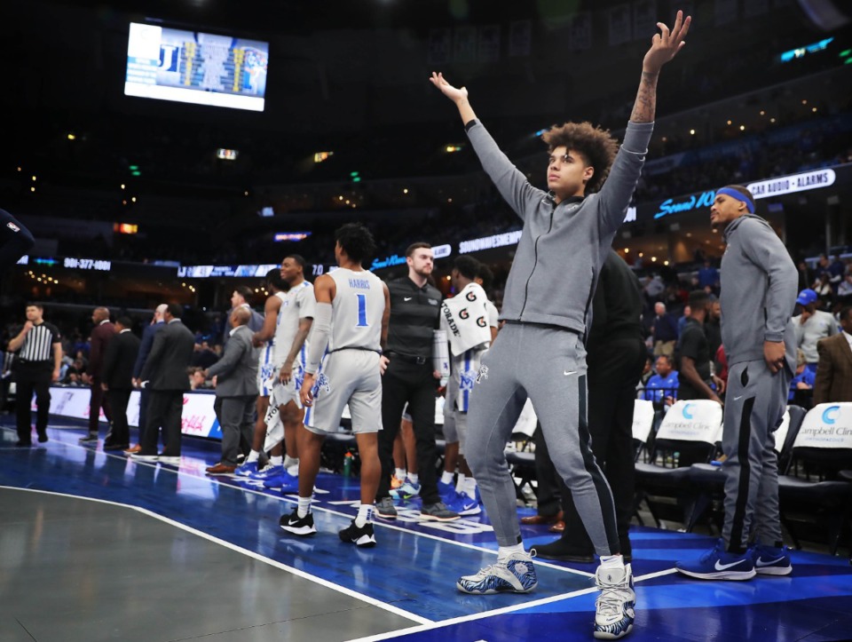 <strong>University of Memphis guard Lester Quinones celebrates after the Tigers' overwhelming win on Dec. 21, 2019, against JSU at the FedExForum.</strong> (Jim Weber/Daily Memphian)
