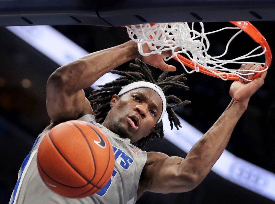 <strong>University of Memphis forward Precious Achiuwa dunks against Jackson State during the Tiger's game on Dec. 21 at the FedExForum.</strong> (Jim Weber/Daily Memphian)