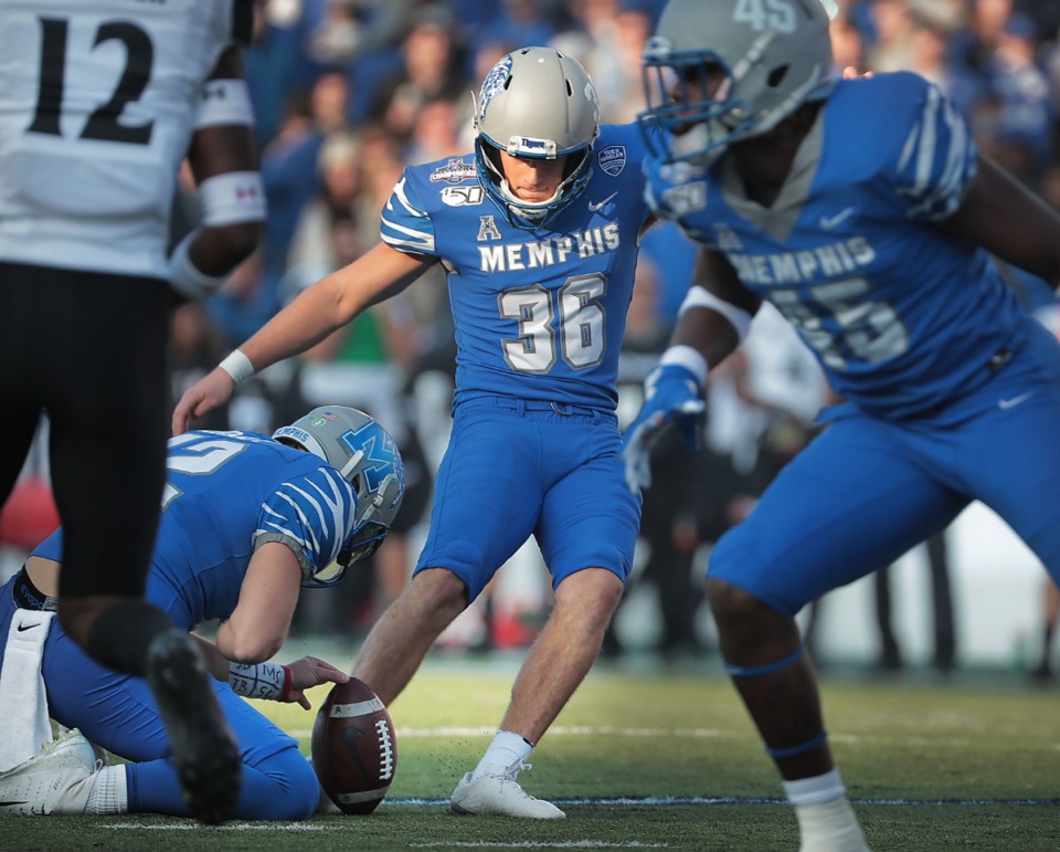 <strong>University of Memphis kicker Riley Patterson scores against Cincinnati during the first half of the Tigers' AAC Championship game on Dec. 7 at the Liberty Bowl Memorial Stadium.</strong> (Jim Weber/Daily Memphian)
