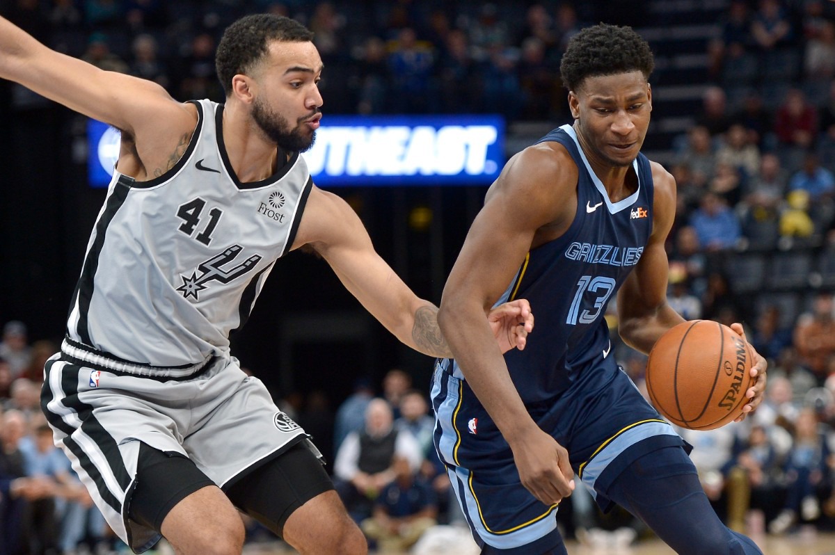 <strong>Grizzlies forward Jaren Jackson Jr. (13) drives against San Antonio Spurs forward Trey Lyles (41)</strong>&nbsp;<strong>Dec. 23 at FedExForum.</strong> (Brandon Dill/AP)