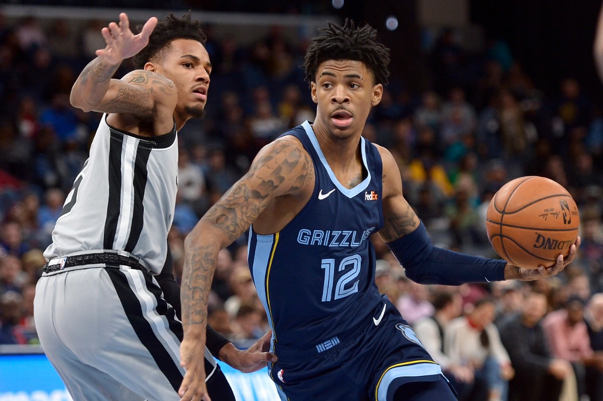 <strong>Grizzlies guard Ja Morant (12) charges past San Antonio Spurs guard Dejounte Murray Dec. 23 at FedExForum.</strong> (Brandon Dill/AP)