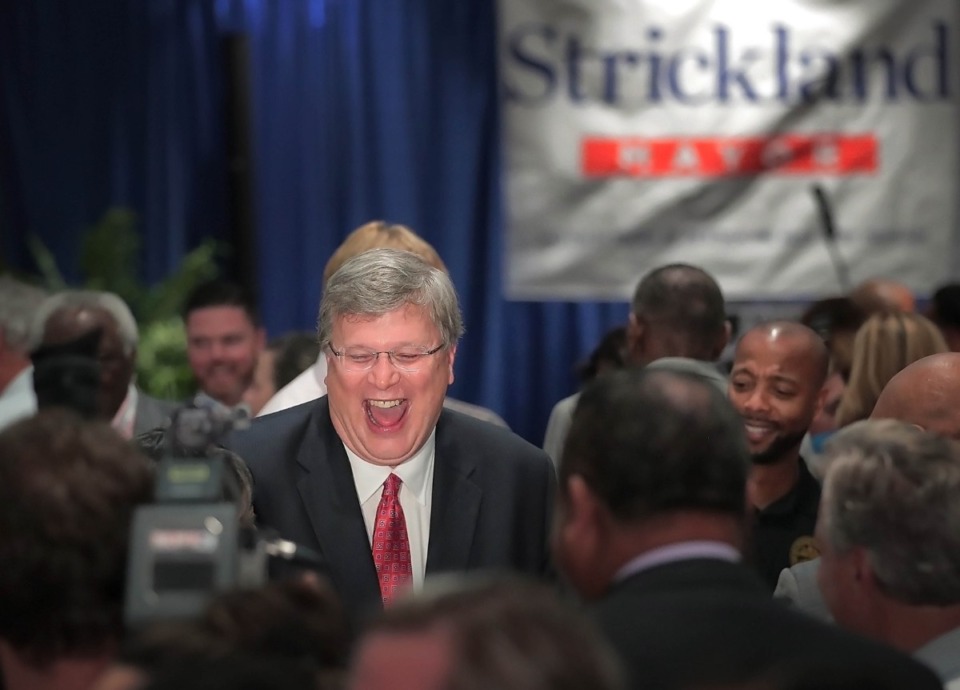 <strong>Memphis Mayor Jim Strickland celebrates with supporters during an election night party at the Memphis Botanic Garden on Oct. 3, 2019 after winning a second term. Strickland will take the oath of office for a second term on New Year&rsquo;s Day.</strong> (Jim Weber/Daily Memphian)