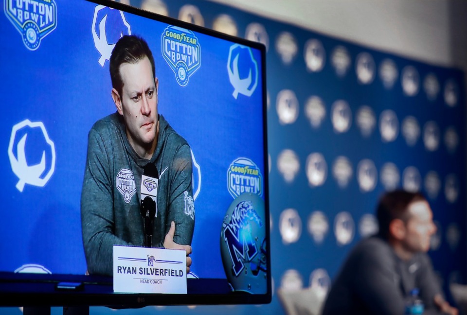 <strong>University of Memphis head coach Ryan Silverfield speaks during the Cotton Bowl Media Day on Dec. 26, 2019, at AT&amp;T Stadium in Arlington, Texas.</strong> (Mark Weber/Daily Memphian)