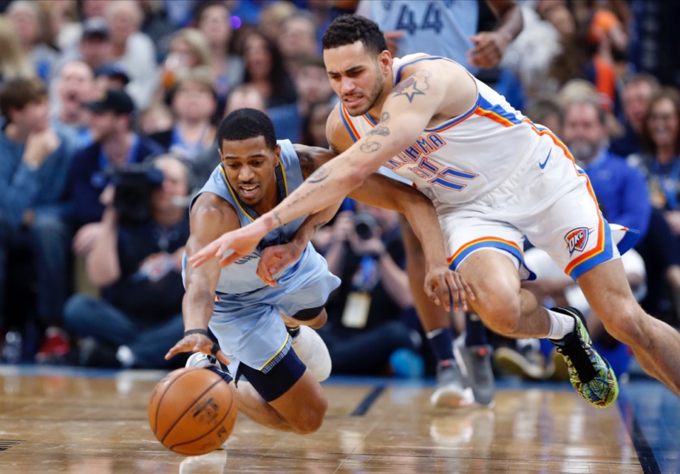<strong>Grizzlies guard De'Anthony Melton, left, and Oklahoma City Thunder forward Abdel Nader, right, compete for the ball Dec. 26 in Oklahoma City.</strong> (Alonzo Adams/AP)