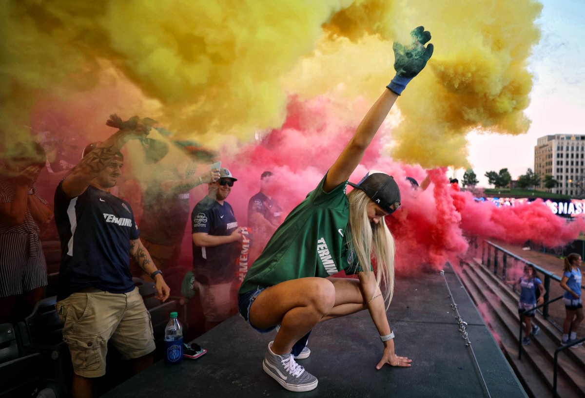 <strong>The smell of smoke fills the air thanks to the Memphis Mafia during the pre-game guitar smash for a July 27, 2019,&nbsp; Memphis 901 FC home game against Ottawa at AutoZone Park.</strong> (Patrick Lantrip/Daily Memphian)
