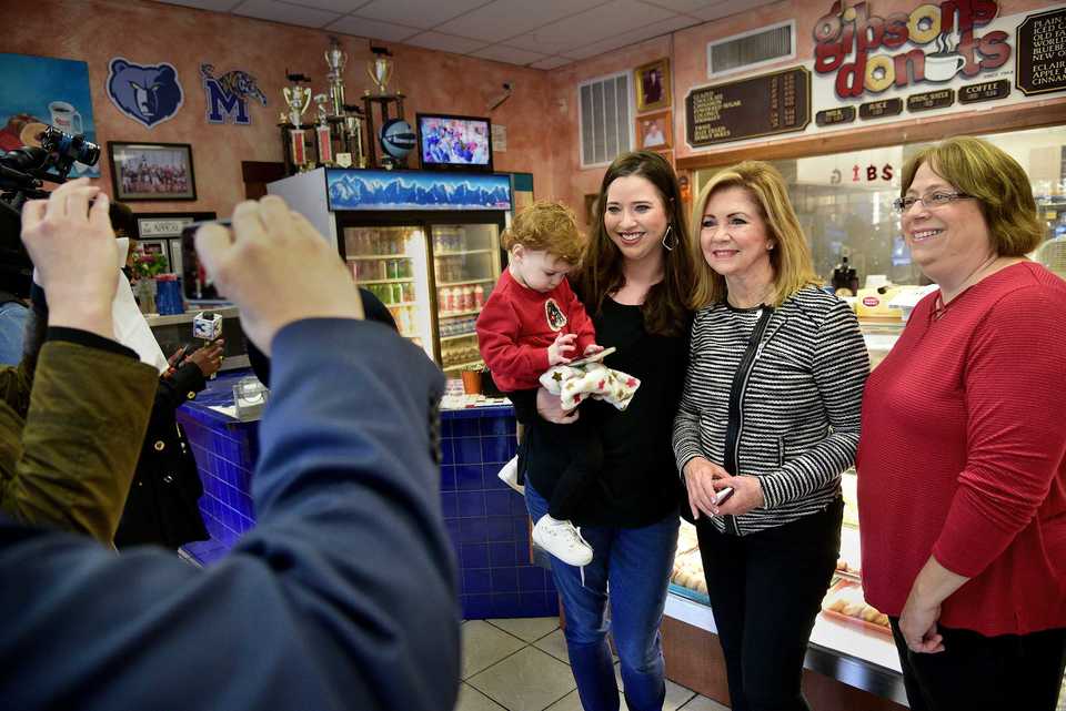 <strong>Congresswoman Marsha Blackburn, candidate for U.S. Senate (center right), poses for a photo with supporters at Gibson's Donuts early on Election Day, Nov. 6.</strong> (Stan Carroll/Special To The Daily Memphian)
