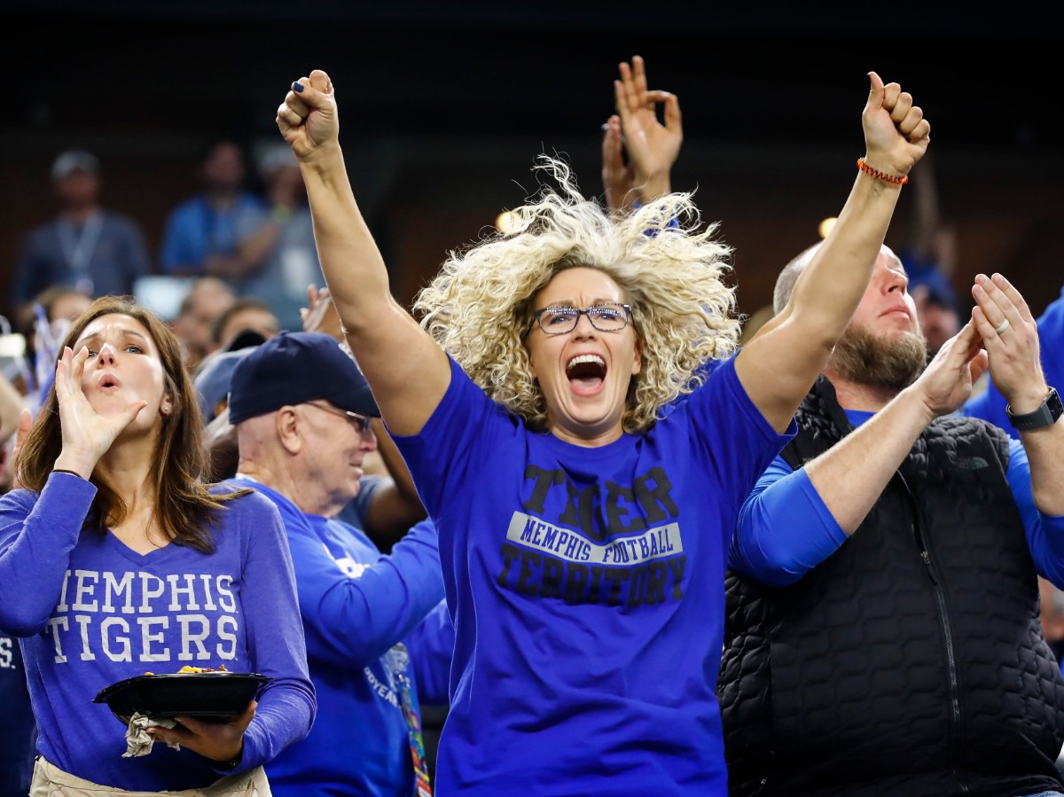 <strong>Memphis fans celebrate a touchdown during action against Penn State at the Cotton Bowl on Dec. 28, 2019, at AT&amp;T Stadium in Arlington, Texas.</strong> (Mark Weber/Daily Memphian)