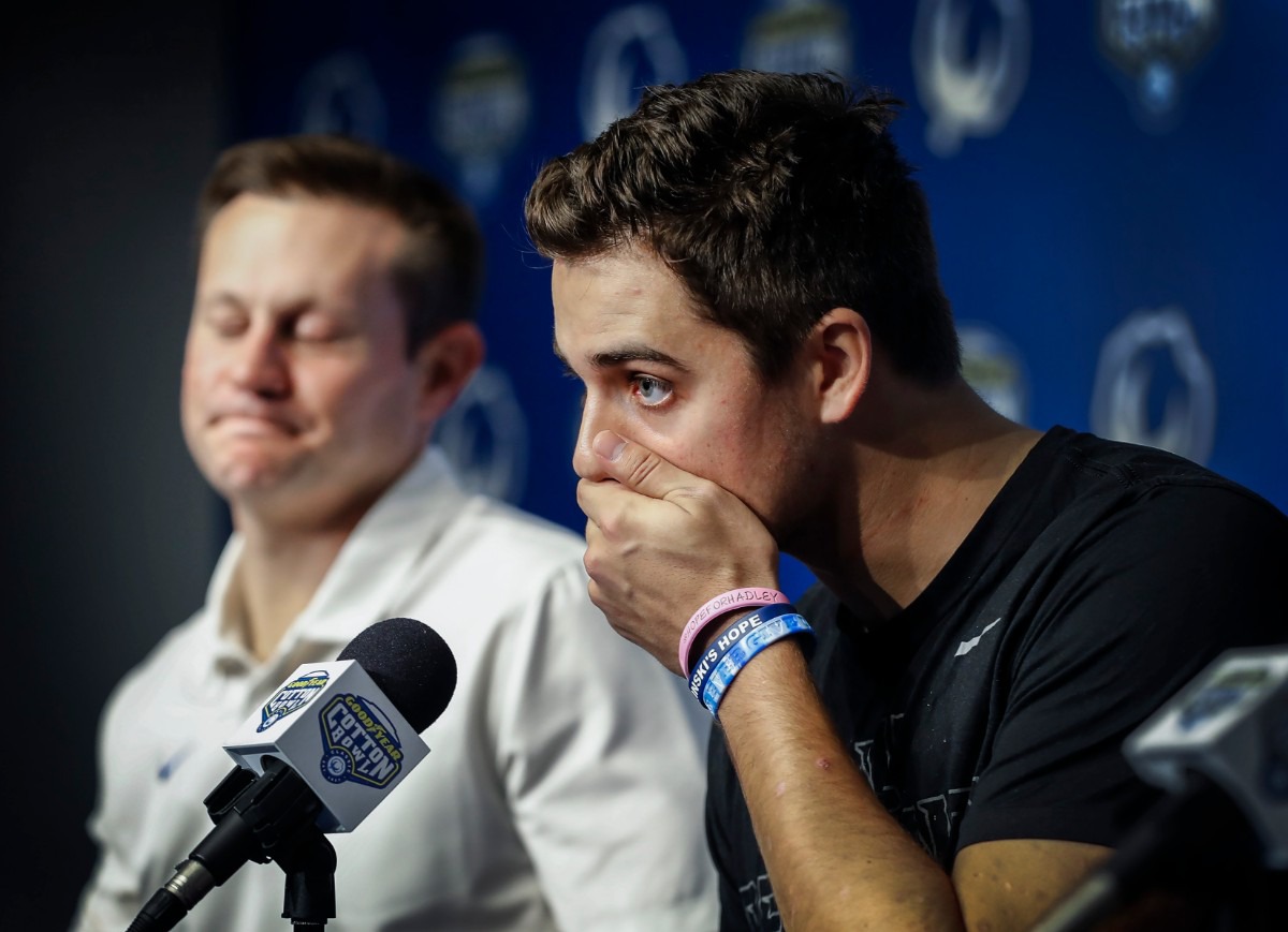 <strong>University of Memphis quarterback Brady White (right) speaks during a post-game press conference after a 53-39 loss to Penn State at the Cotton Bowl on Dec. 28, 2019, at AT&amp;T Stadium in Arlington, Texas.</strong> (Mark Weber/Daily Memphian)