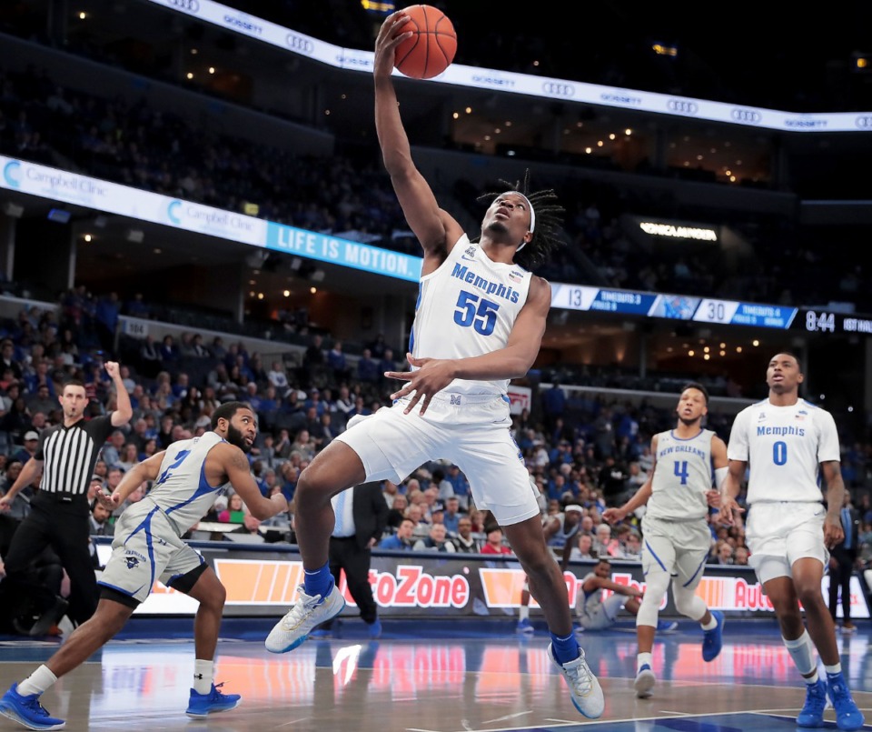 <strong>University of Memphis forward Precious Achiuwa scores against the Privateers during the Tigers' game on Dec. 28, 2019, against New Orleans at the FedExForum.</strong> (Jim Weber/Daily Memphian)