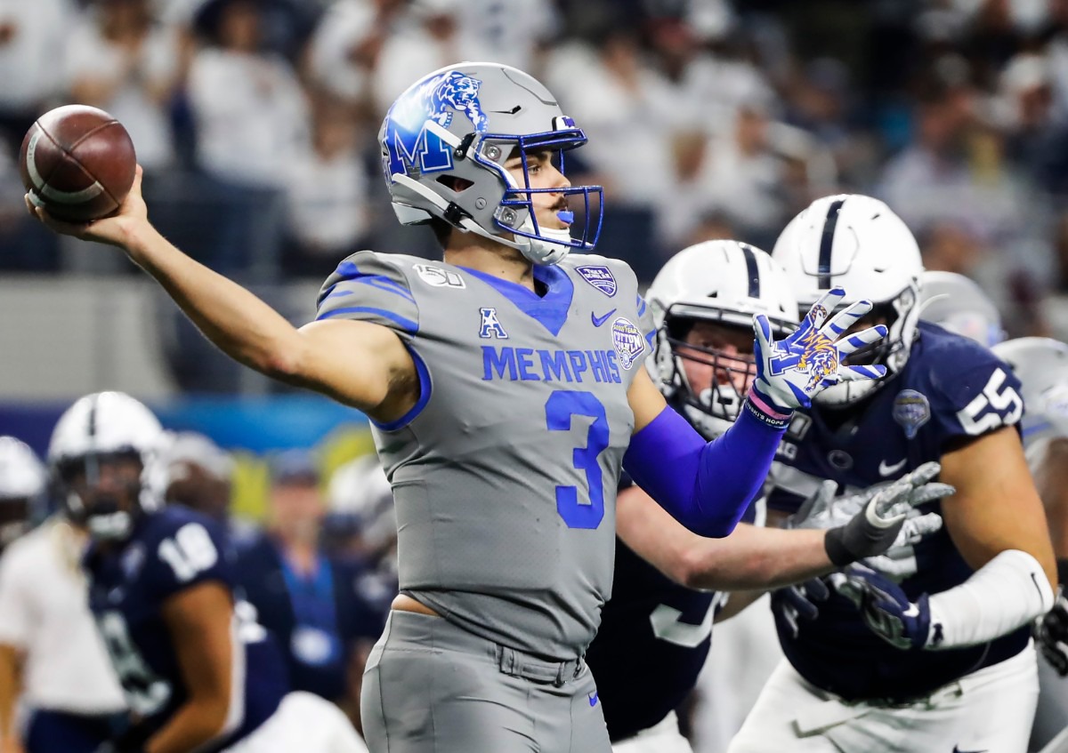 <strong>University of Memphis quarterback Brady White makes a throw against the Penn State defense during action at the Cotton Bowl on Dec. 28, 2019, at AT&amp;T Stadium in Arlington, Texas.</strong> (Mark Weber/Daily Memphian)