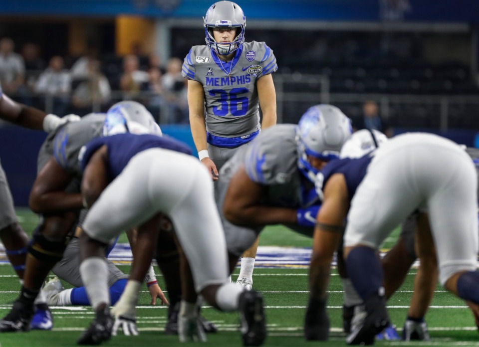 <strong>University of Memphis kicker Riley Patterson (middle) made six field goals against Penn State at the Cotton Bowl on Dec. 28, 2019, at AT&amp;T Stadium in Arlington, Texas.</strong> (Mark Weber/Daily Memphian)