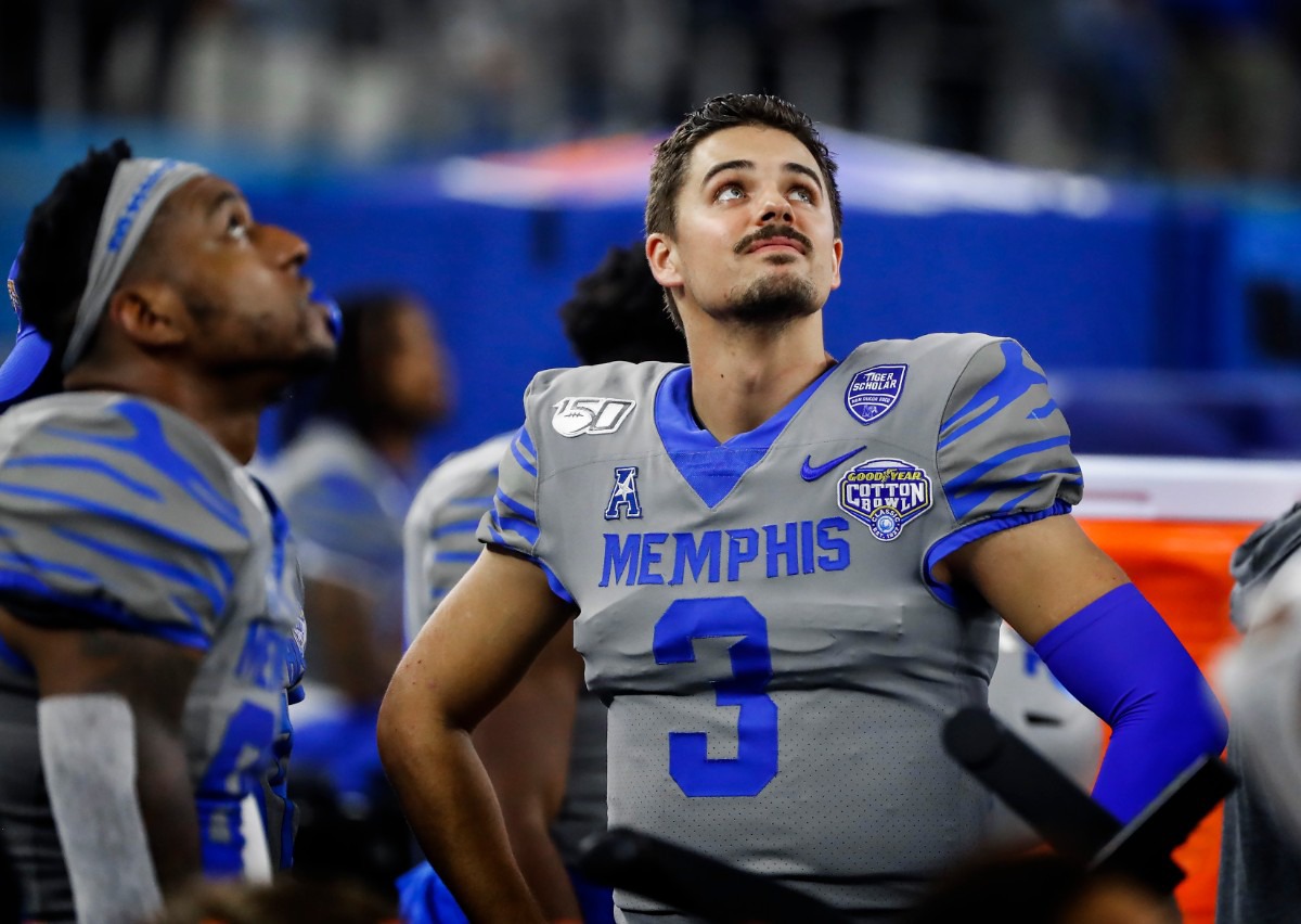 <strong>University of Memphis quarterback Brady White watches from the sidelines during a 53-39 loss to Penn State at the Cotton Bowl on Dec. 28, 2019, at AT&amp;T Stadium in Arlington, Texas.</strong> (Mark Weber/Daily Memphian)