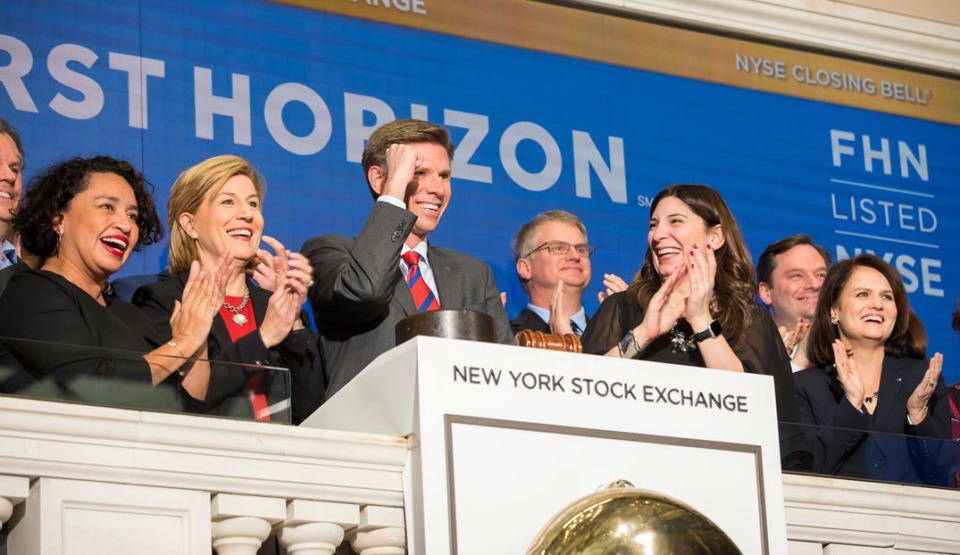 <strong>First Horizon National Corp. executives enjoy a special moment on the floor of the New York Stock Exchange Dec. 11, 2019.</strong> (Submitted)