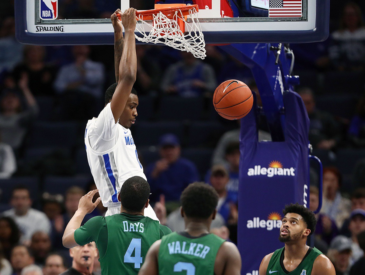 <strong>University of Memphis forward DJ Jeffries (0) slams home the ball during a home game against Tulane University Dec. 30, 2019.</strong> (Patrick Lantrip/Daily Memphian)