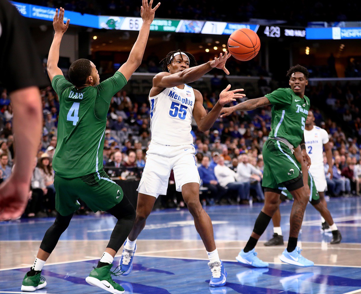 <strong>University of Memphis forward Precious Achiuwa passes the ball in the paint during a home game against Tulane University at the FedExForum Dec. 30, 2019.</strong> (Patrick Lantrip/Daily Memphian)