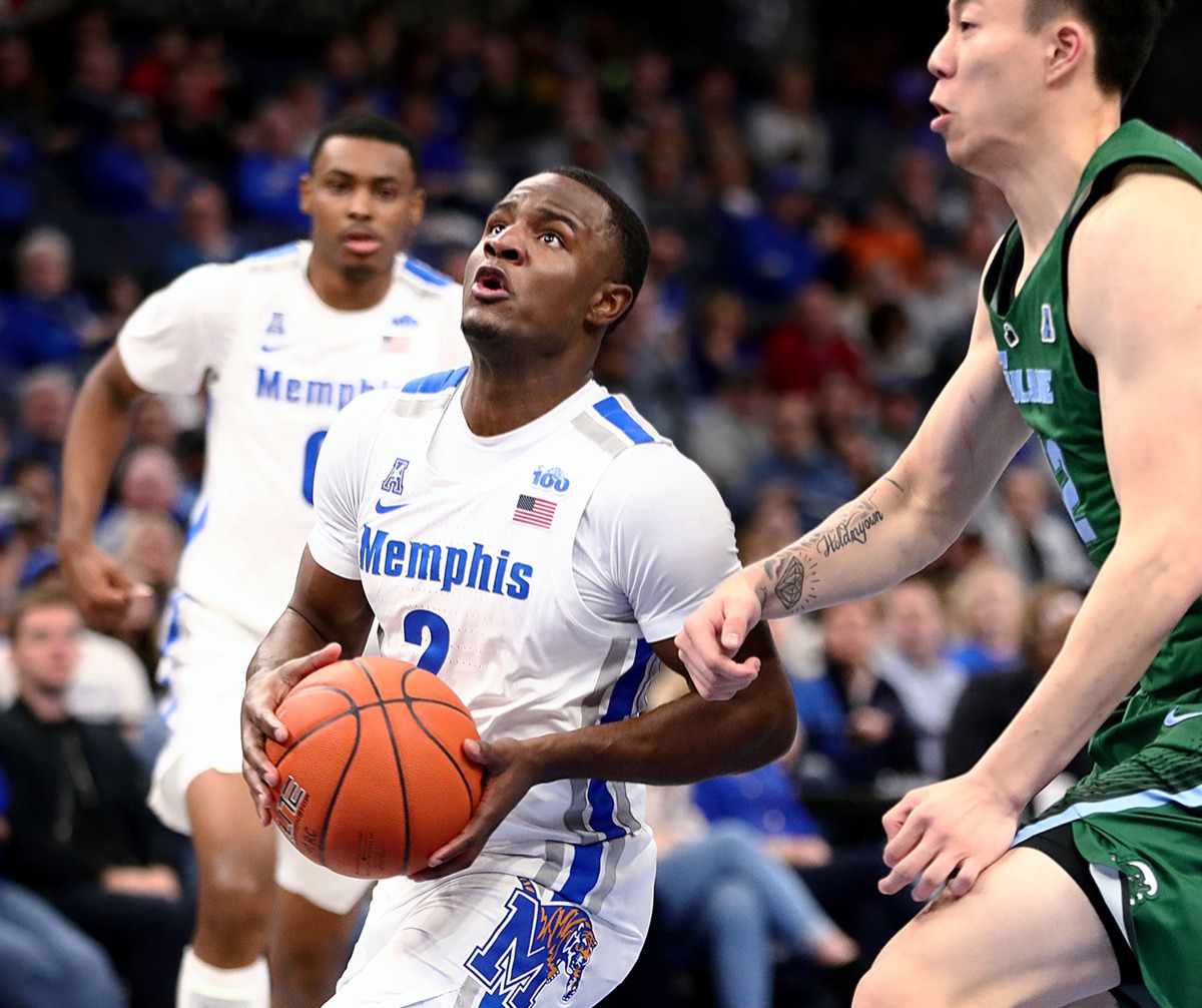 <strong>University of Memphis guard Alex Lomax (2) goes in for a layup during a home game against Tulane University at the FedExForum Dec. 30, 2019.</strong> (Patrick Lantrip/Daily Memphian)