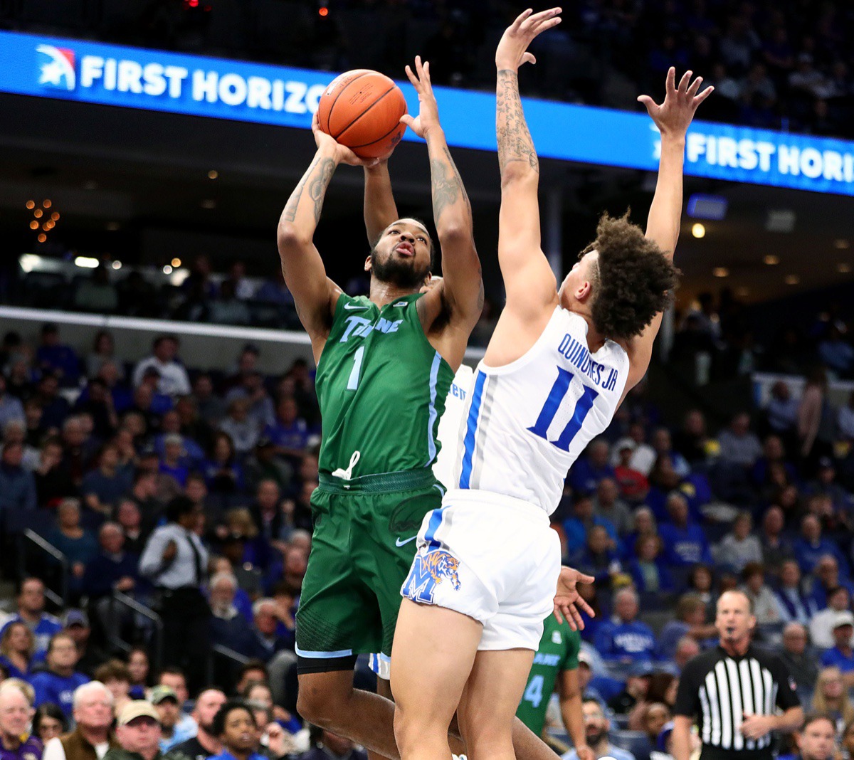 <strong>Former University of Memphis forward K.J. Lawson (1), now with Tulane University, goes to the basket during a game against at the FedExForum Dec. 30, 2019.</strong> (Patrick Lantrip/Daily Memphian)