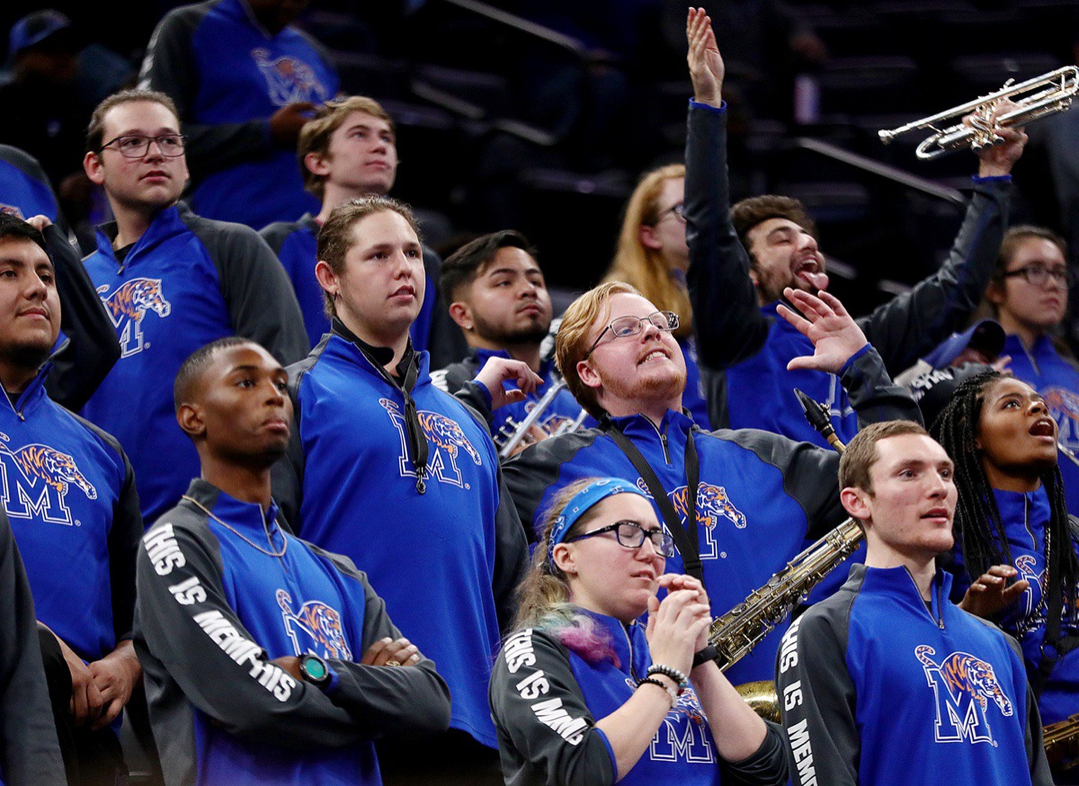 <strong>The University of Memphis band reacts to a call during a home game against Tulane University at the FedExForum Dec. 30, 2019.</strong> (Patrick Lantrip/Daily Memphian)