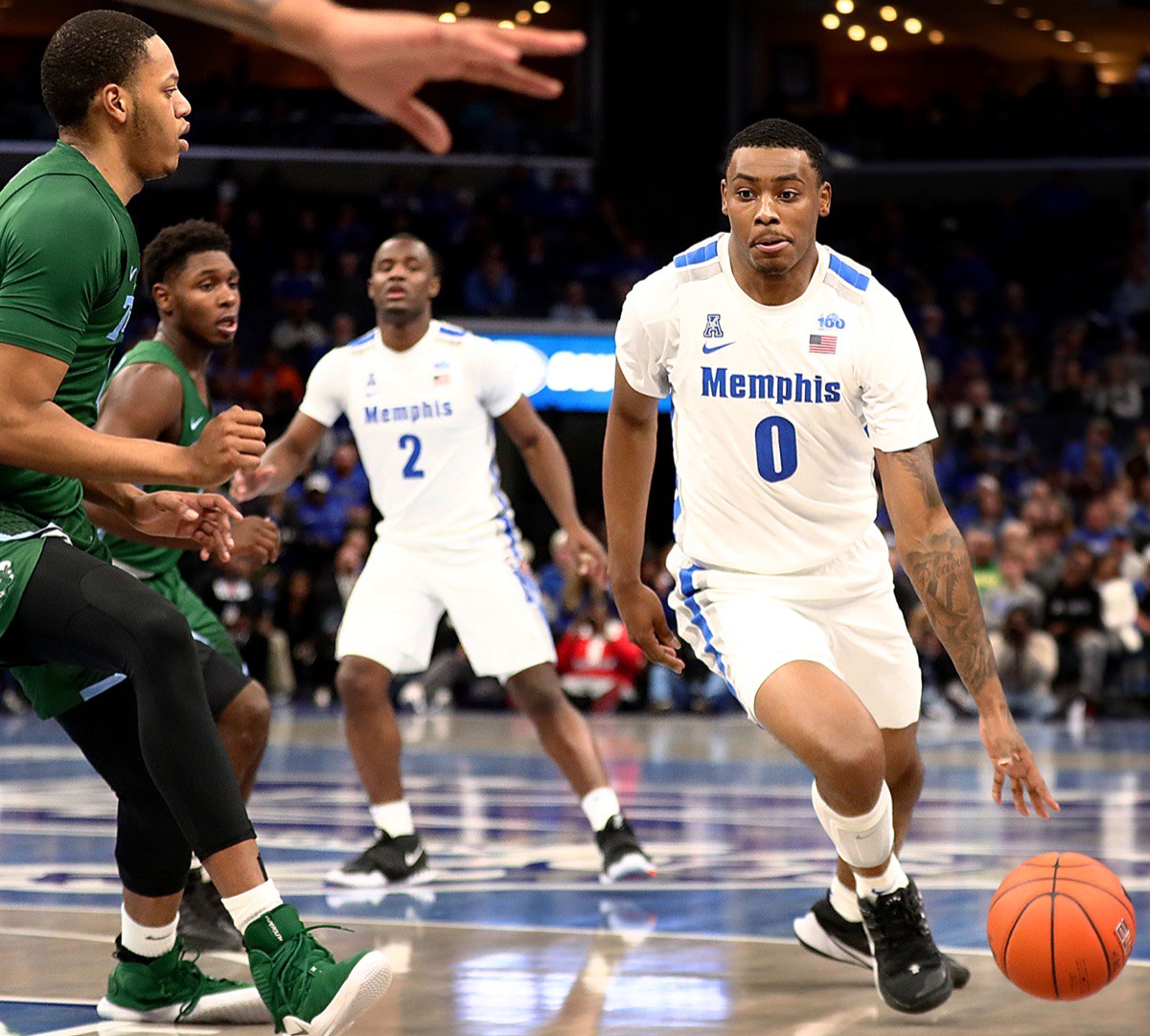 <strong>University of Memphis forward DJ Jeffries (0) drives to the basket during a home game against Tulane University at the FedExForum Dec. 30, 2019.</strong> (Patrick Lantrip/Daily Memphian)