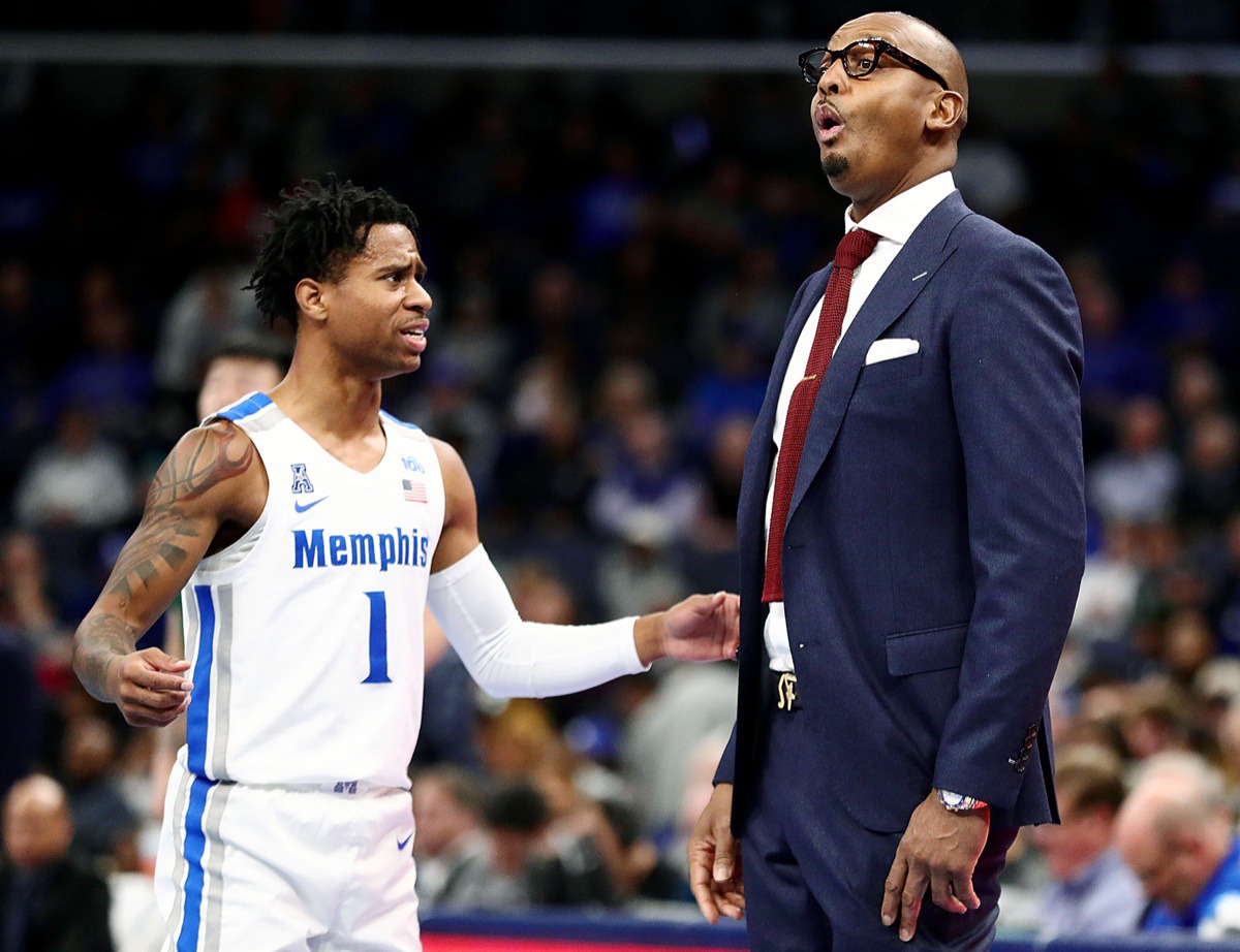 <strong>University of Memphis head coach Penny Hardaway reacts to what guard Tyler Harris (1) says during a timeout against Tulane University at the FedExForum Dec. 30, 2019.</strong> (Patrick Lantrip/Daily Memphian)