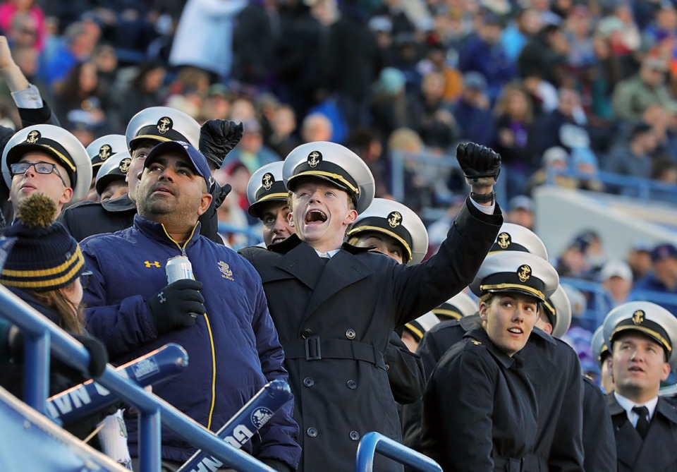 <strong>Navy fans celebrate during a 20-17 victory over Kansas State University at the 61st AutoZone Liberty Bowl Dec. 31, 2019.</strong> (Patrick Lantrip/Daily Memphian)