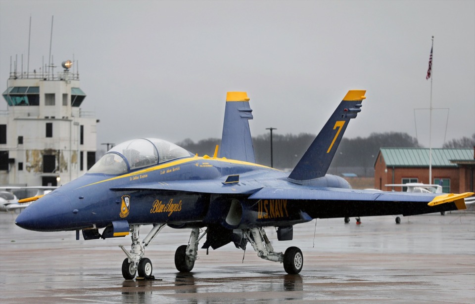 <strong>The U.S. Navy's signature F/A-18 Hornet Blue Angel fighter jet sits parked at the Millington-Memphis Airport Jan. 2, 2020, while in town promoting the Mid-South Airshow.</strong> (Patrick Lantrip/Daily Memphian)