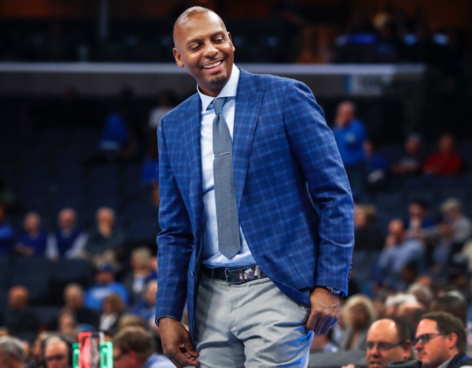 <strong>Memphis head coach Penny Hardaway smiles during the game against UIC Friday, Nov. 8, 2019, at FedExForum.</strong> (Mark Weber/Daily Memphian)