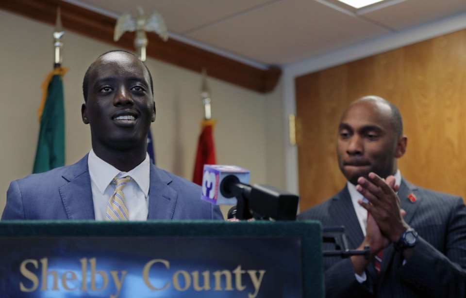 <strong>Isaac James of Kenya speaks in Shelby County Mayor Lee Harris' office on Friday, Jan. 3, shortly before Harris&nbsp; signed a document affirming Shelby County's willingness to continue accepting refugees.</strong> (Patrick Lantrip/Daily Memphian)