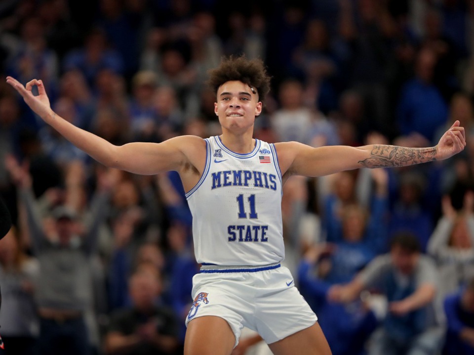 <strong>University of Memphis guard Lester Quinones (11) reacts after scoring in a drive against the Bulldogs during the Tigers' game on Jan. 4, 2020, against Georgia at the FedExForum.</strong> (Jim Weber/Daily Memphian)