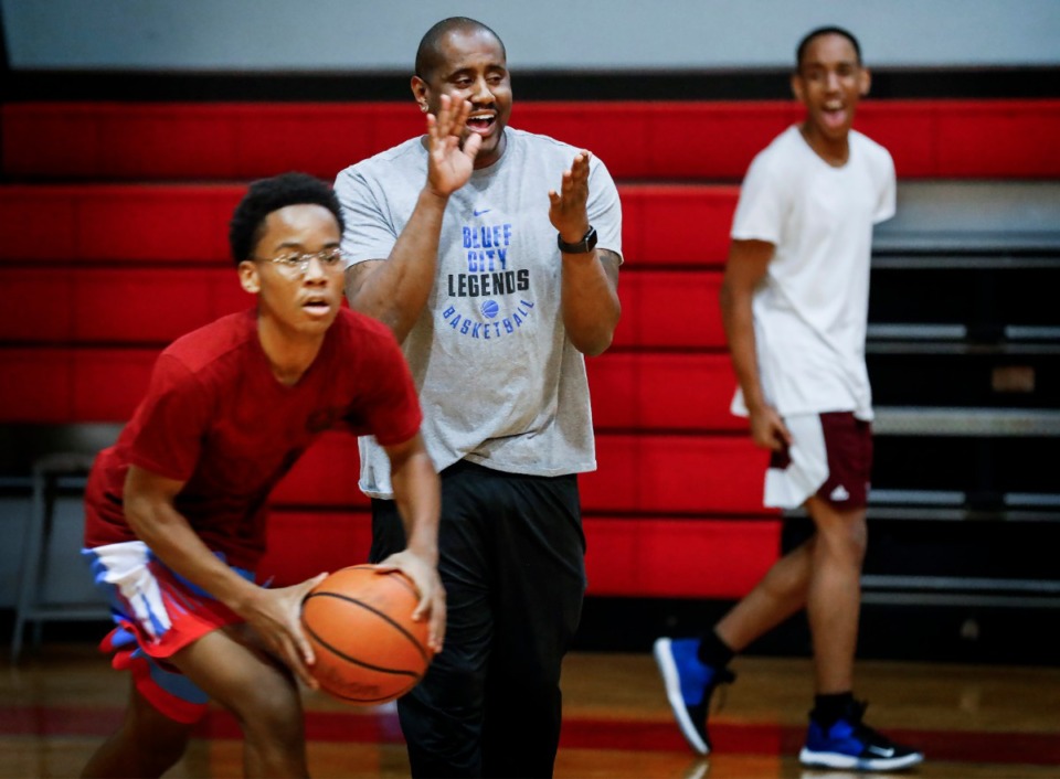<strong>Westwood basketball coach Chris Adams (middle) leads his players during practice Wednesday, Dec. 11, 2019.</strong> (Mark Weber/Daily Memphian)