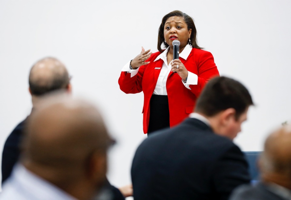 <strong>Southwest president Tracy D. Hall speaks during a luncheon in Whitehaven Jan. 7, 2020, on the institution's progress and plans to upskill local workforce development needs .</strong> (Mark Weber/Daily Memphian)