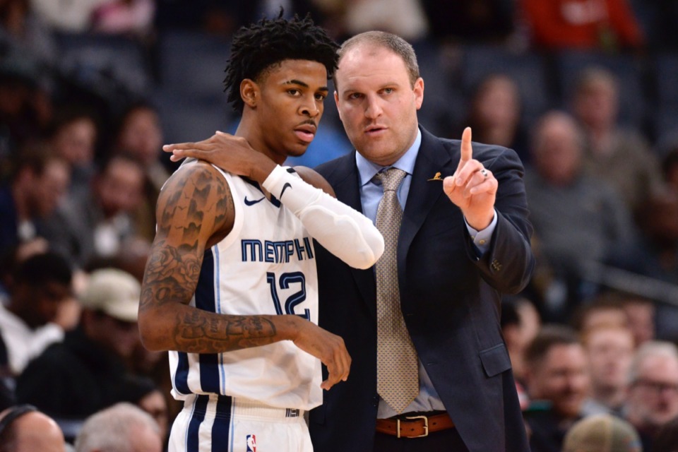 <strong>Grizzlies head coach Taylor Jenkins talks with guard Ja Morant (12) during the game against the Minnesota Timberwolves Jan. 7, 2020, at FedfExForum. Young star, young coach, young team.&nbsp;</strong>(Brandon Dill/AP)