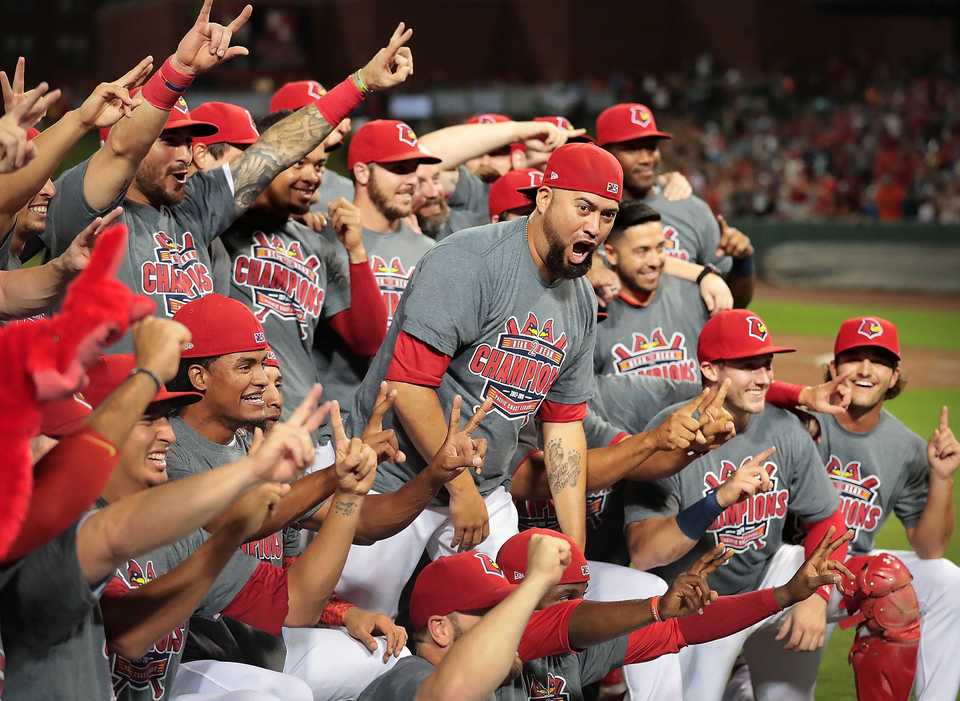 <strong>Redbirds players celebrate after winning Game 4 of the Pacific Coast League series against Fresno at AutoZone Park on Sept. 15. Memphis beat the Grizzlies 5-0 to win their second straight PCL title.</strong> (Jim Weber/Daily Memphian)
