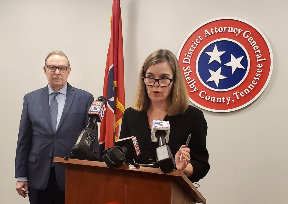 <strong>Shelby County District Attorney General Amy Weirich announces on Jan. 9, 2019, a new unit for her office that is charged with investigating cases involving officers whose conduct have violated police policy. The unit will be led by Paul Goodman (left). The work begins with cases handled by retired police lieutenant Eric Kelly, who admitted to a sexual relationship with a woman who was part of a homicide investigation.</strong> (Linda A. Moore/Daily Memphian)