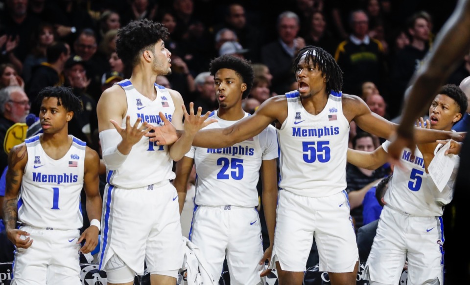 <strong>The Memphis bench reacts to an out-of-bounds call in the game against Wichita State Jan. 9, 2020, in Wichita, Kansas.</strong> (Mark Weber/Daily Memphian)