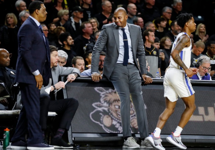 <strong>Memphis head coach Penny Hardaway (middle) sits on the score table during the final minutes of a 76-67 loss to Wichita State&nbsp;on Jan. 9, 2020, in Wichita, Kansas. </strong>(Mark Weber/Daily Memphian)