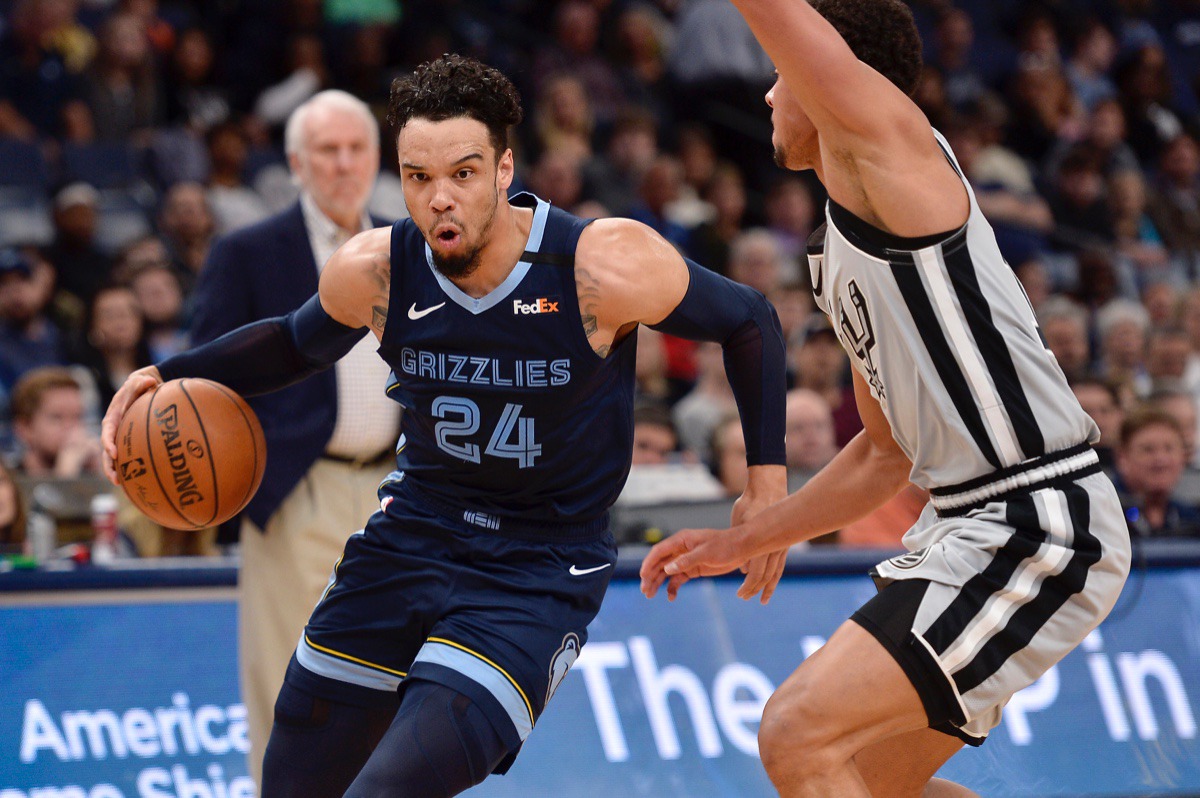 <strong>Memphis Grizzlies guard Dillon Brooks (24) drives against San Antonio Spurs guard Bryn Forbes in the first half of the NBA basketball game Friday, Jan. 10, 2020, at FedExForum.</strong> (Brandon Dill/AP)