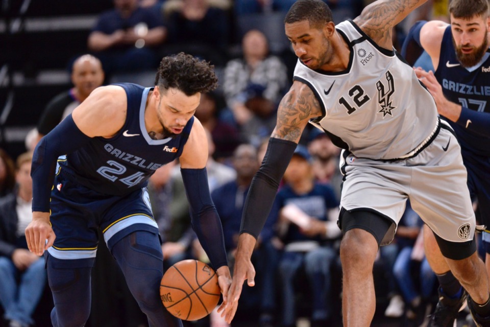 <strong>Memphis Grizzlies guard Dillon Brooks (24) and San Antonio Spurs center LaMarcus Aldridge (12) struggle for control of the ball in the first half of the NBA basketball game Friday, Jan. 10, 2020, at FedExForum.</strong> (Brandon Dill/AP)