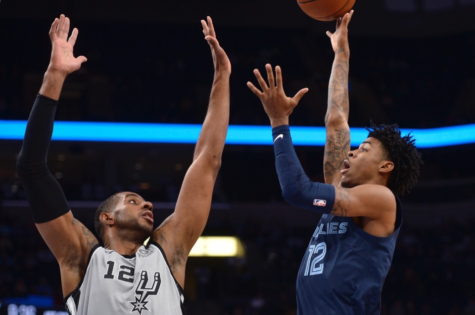 <strong>Memphis Grizzlies guard Ja Morant, right, shoots against San Antonio Spurs center LaMarcus Aldridge in the first half of the NBA basketball game Friday, Jan. 10, 2020, at FedExForum.</strong> (Brandon Dill/AP)