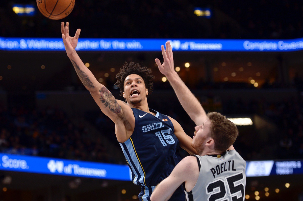 <strong>Memphis Grizzlies forward Brandon Clarke (15) shoots against San Antonio Spurs center Jakob Poeltl (25) in the first half of the NBA basketball game Friday, Jan. 10, 2020, at FedExForum.</strong> (Brandon Dill/AP)