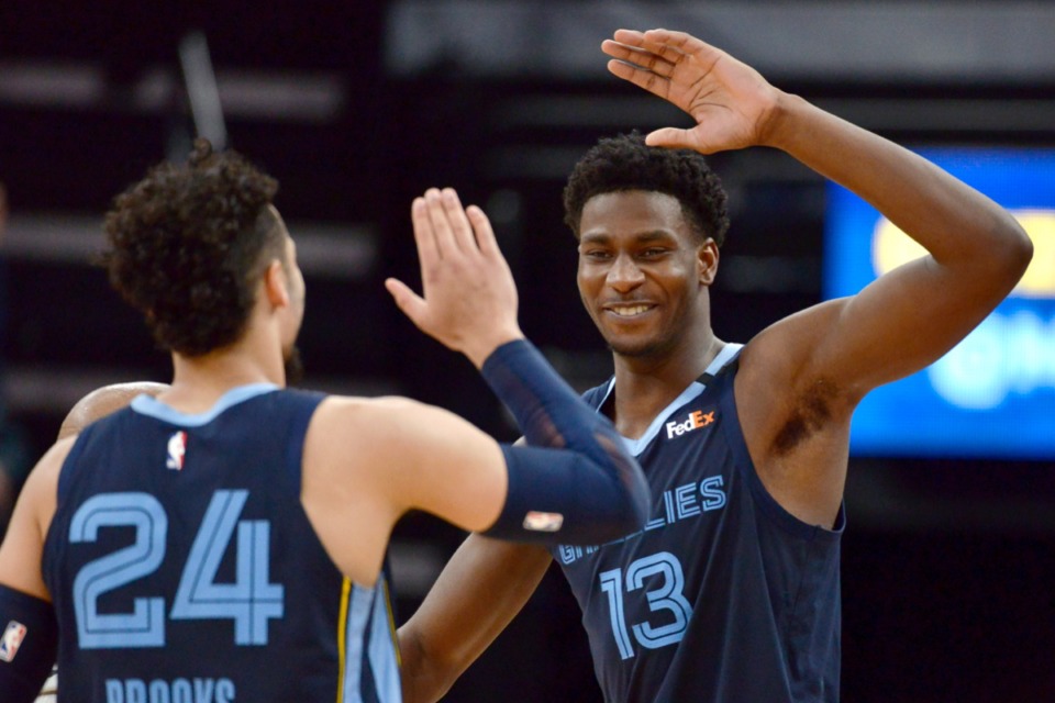 <strong>Memphis Grizzlies forward Jaren Jackson Jr. (13) and guard Dillon Brooks (24) high-five in the second half of the NBA basketball game against the San Antonio Spurs, Friday, Jan. 10, 2020, at FedExForum.</strong> (Brandon Dill/AP)