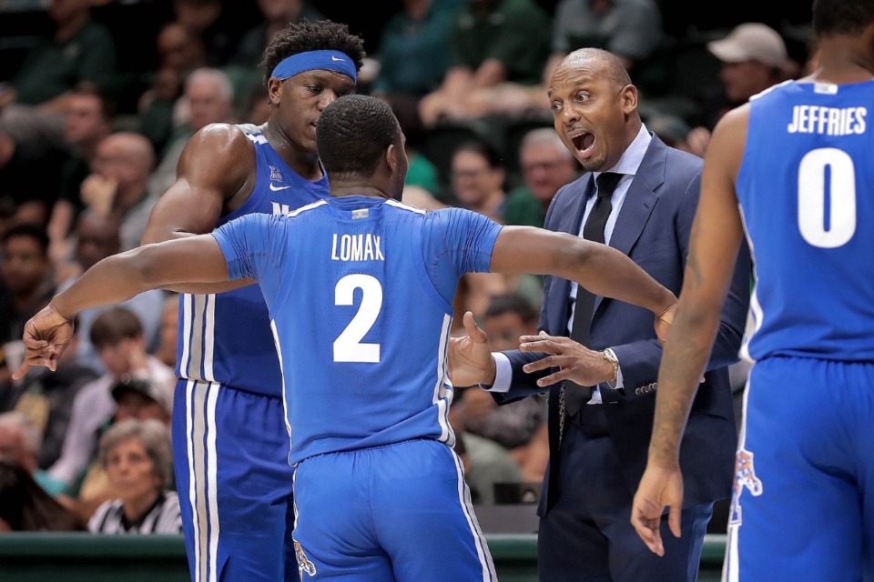 <strong>University of Memphis coach Penny Hardaway instructs his team on the court during the Tigers' game on Jan. 12, 2020, against USF at the Yuengling Center in Tampa, Florida.</strong> (Jim Weber/Daily Memphian)
