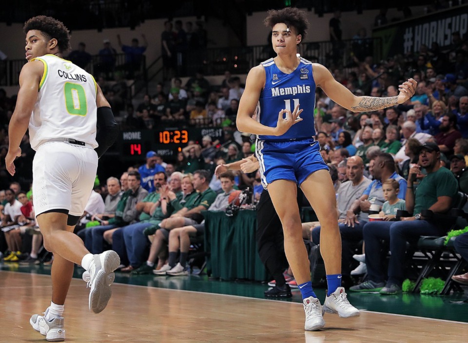 <strong>University of Memphis guard Lester Quinones celebrates after a scoring three point shot during the Tigers' game on Jan. 12, 2020, against USF at the Yuengling Center.</strong> (Jim Weber/Daily Memphian)