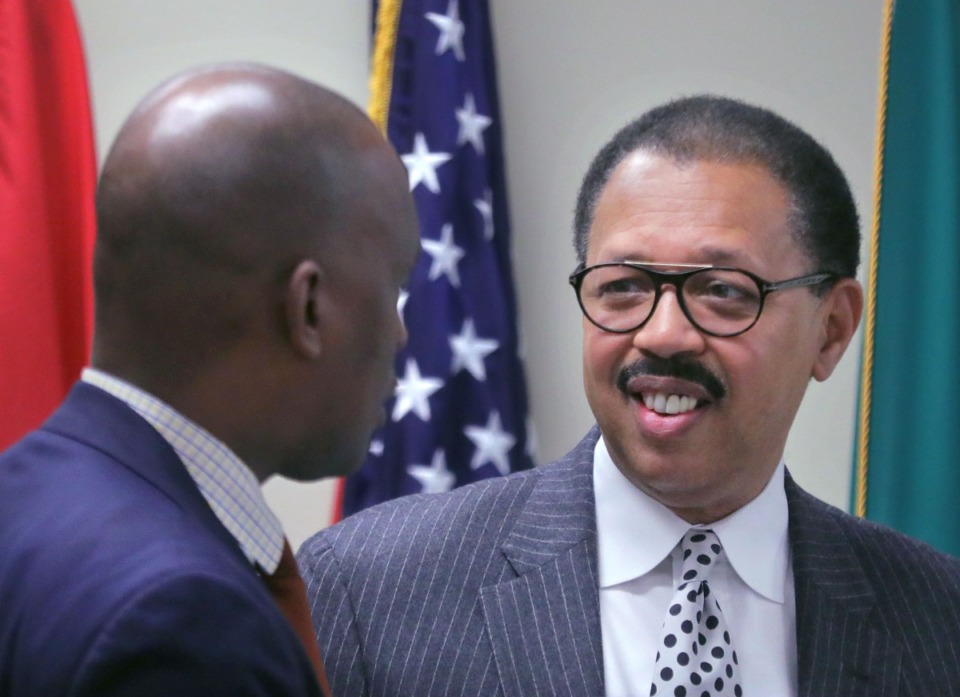 <strong>Shelby County Commissioner Willie Brooks Jr. (right) talks to fellow commissioner Van Turner before a Jan. 8, 2020 committee meeting addressing the county's mass transit issues.</strong> (Patrick Lantrip/Daily Memphian)