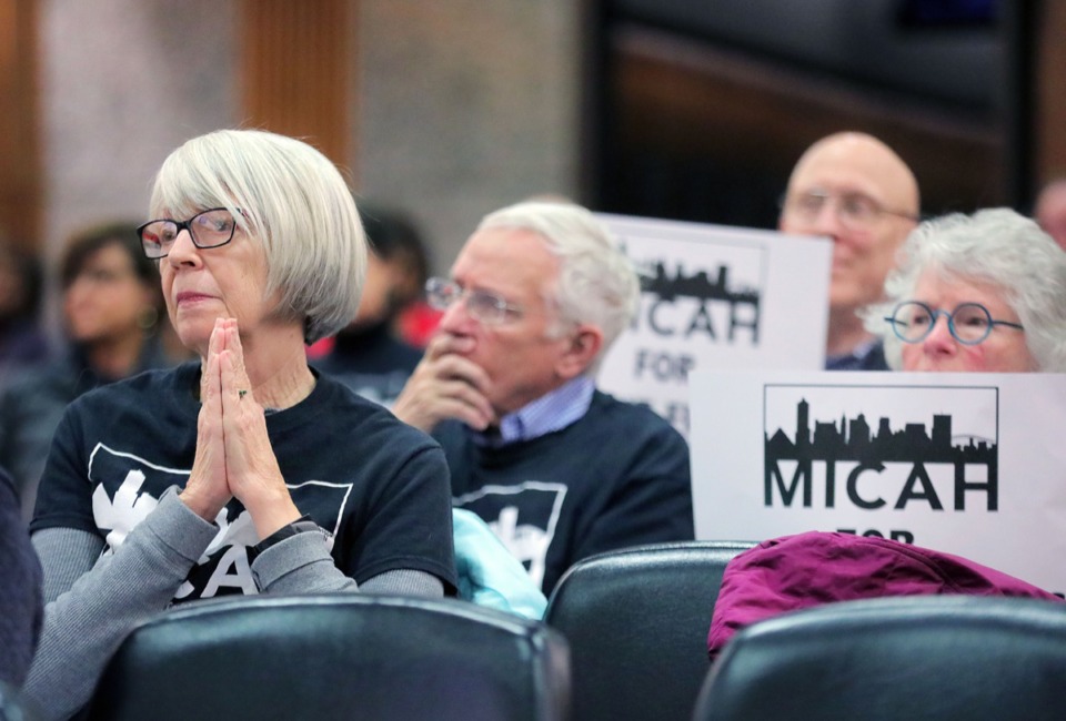 <strong>MICAH member Gail Murray (left) seemingly holds her hands in prayer on Jan.13, 2020 as the Shelby County Commission votes to return an item that would help fund MATA back to the <span>general government committee</span>.</strong>&nbsp;(Patrick Lantrip/Daily Memphian)