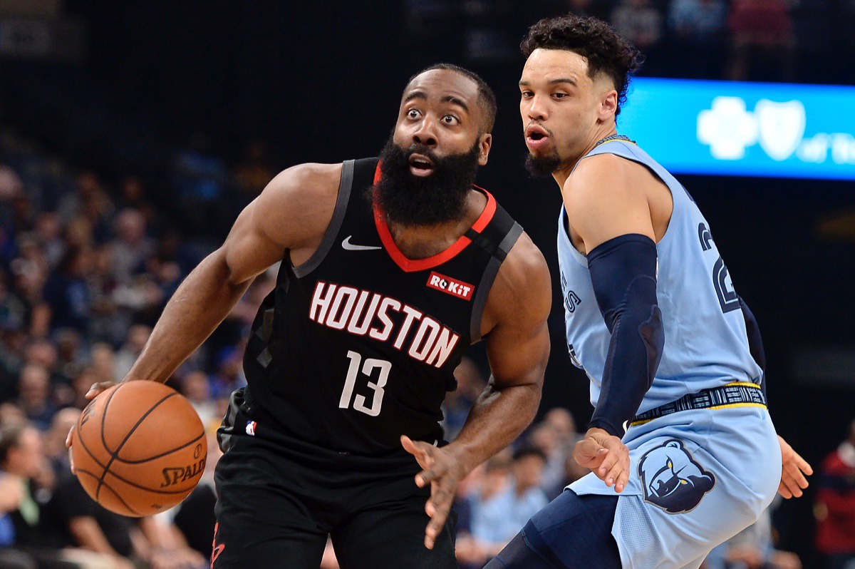 <strong>Houston Rockets guard James Harden (13) charges Grizzlies guard Dillon Brooks in the first half of an NBA basketball game Tuesday, Jan. 14, 2020, at FedExForum.</strong> (Brandon Dill/AP)