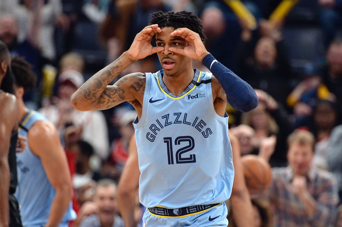 <strong>Memphis Grizzlies guard Ja Morant reacts after an assist in the first half of the team's NBA basketball game against the Houston Rockets on Tuesday, Jan. 14, 2020, at FedExForum.</strong> (Brandon Dill/AP)