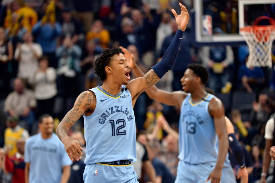 <strong>Memphis Grizzlies guard Ja Morant (12) and forward Jaren Jackson Jr. (13) react in the first half of an NBA basketball game against the Houston Rockets Tuesday, Jan. 14, 2020, at FedExForum.</strong> (Brandon Dill/AP)