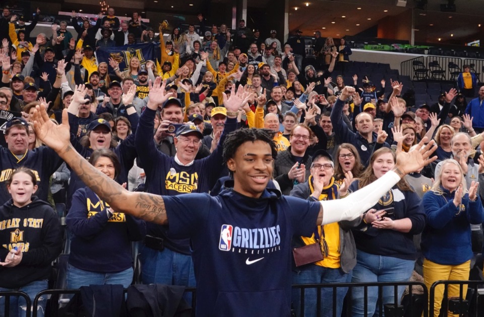 <strong>Murray State fans cheer for Memphis Grizzlies rookie Ja Morant, foreground, before the Grizzlies' NBA basketball game against the Cleveland Cavaliers on Friday, Jan. 17, 2020, at FedExForum.</strong> (Karen Pulfer Focht/AP)