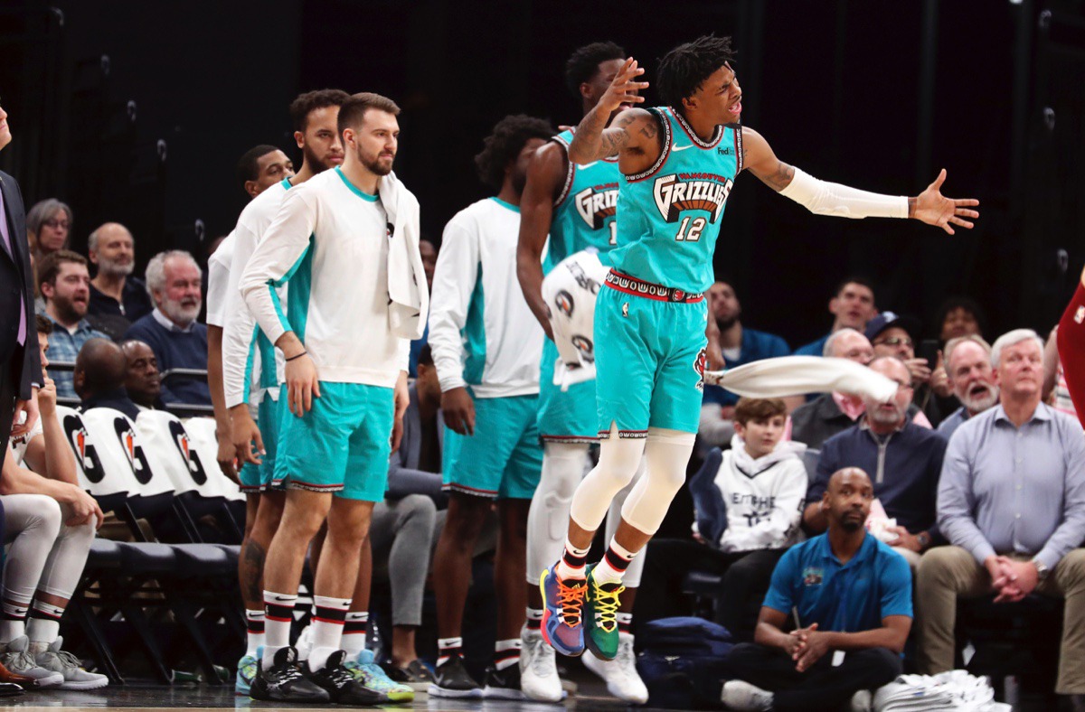 <strong>Memphis Grizzlies guard Ja Morant (12) reacts to a call during the game against the Cleveland Cavaliers on Friday, Jan. 17, 2020, at FedExForum.</strong> (Karen Pulfer Focht/AP)